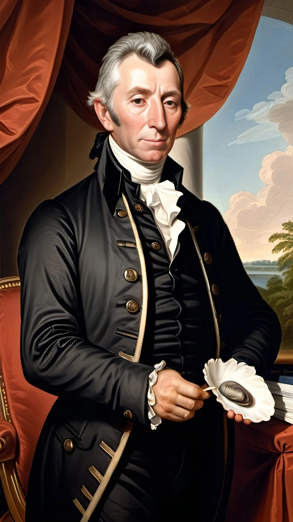 Prompt: Gilber Stuart painting of President James Monroe and his pet clam. Official portrait, 1818, one clam, 