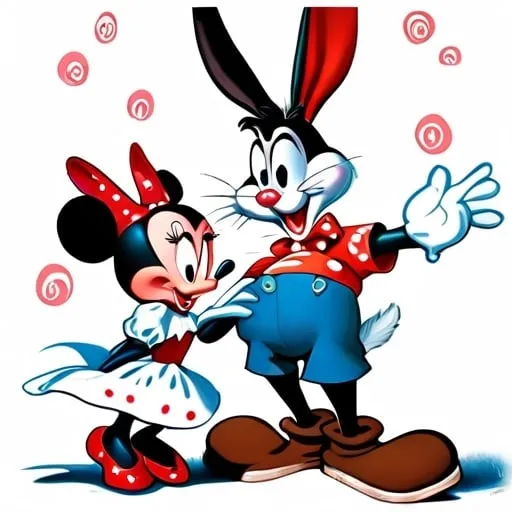 Prompt: Bugs Bunny caught in flagrante delicto with Minnie Mouse in the style of Norman Rockwell