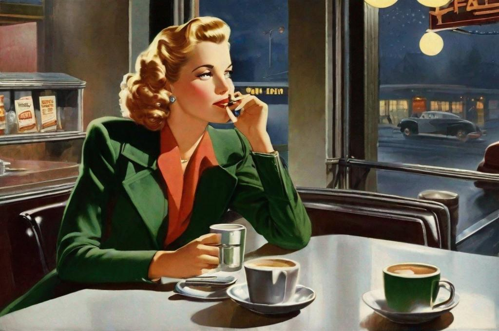 Prompt: At the diner counter at midnight, December 1942, a forlorn woman smokes a cigarette, and drinks a mug of black coffee, thinking of fellatio gone very wrong 