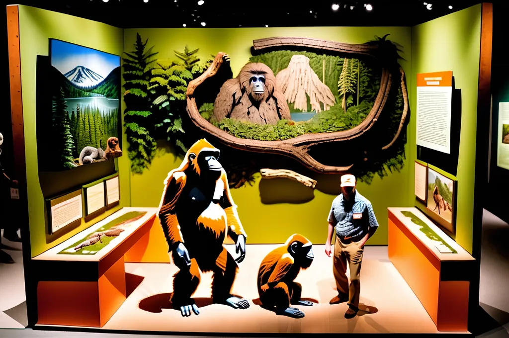 Prompt: American Museum of Natural History Hall of Primates diorama with an Amazonian Mapinguari, Northern Sasquatch, and Bob, the Home Depot lumber guy