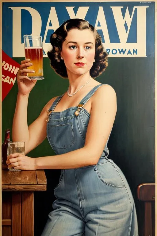 Prompt: American Depression-era WPA poster of Queen Elizabeth II holding a glass of cider, 1938, serious, important, dire, inspirational, patriotic, propaganda, formal, lesbian,  technicolor, WARTIME, modest, pretty, realism, Norman Rockwell, overalls, factory worker, 