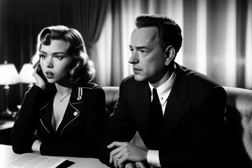 Prompt: Tom Hanks and Scarlet Johansson in a scene from Casablanca. Black and White. 1942. Film