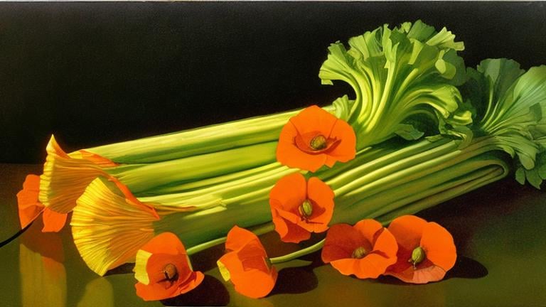 Prompt: Still life of electric celery, orange poppies, and human toes in the style of N.C. Wyeth, 1942