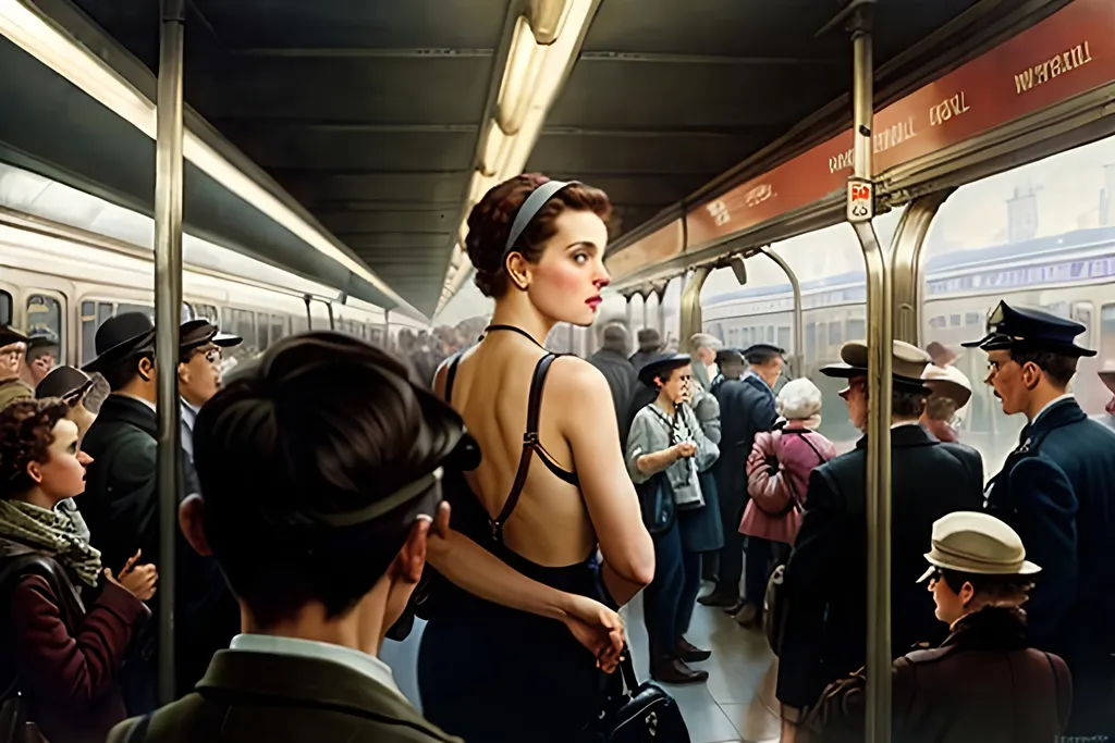 Prompt: Lydia Nilson, unclothed and lost at a crowded train station in the city, Norman Rockwell, 1934