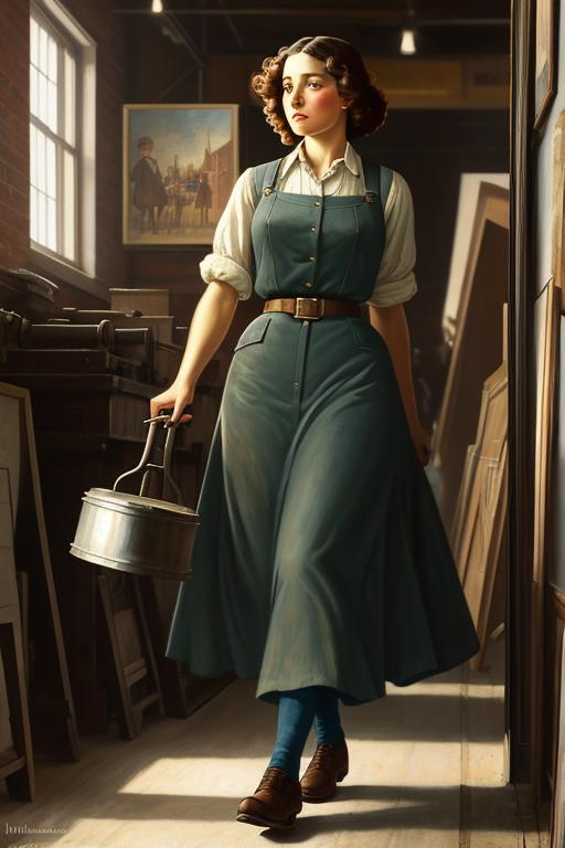 Prompt: American Depression-era WPA painting of Erin O’Day going to work at the foundry, 1886, 19th century, inspirational, feminist hero painted by Norman Rockwell