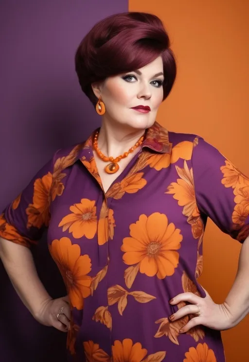 Prompt: Mod casual top, 1966, fashionable for fat middle-aged lesbians, sassy, iconic, modest, timeless, boho chic, floral, bright, aubergine, orange, 