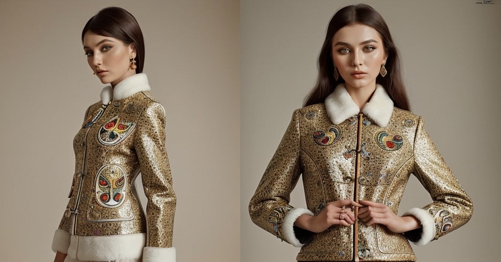 Prompt: Fancy fashionable 1968 mod jacket with Scythian motifs by designer Irina Lizhetskaya, glossy magazine photo 