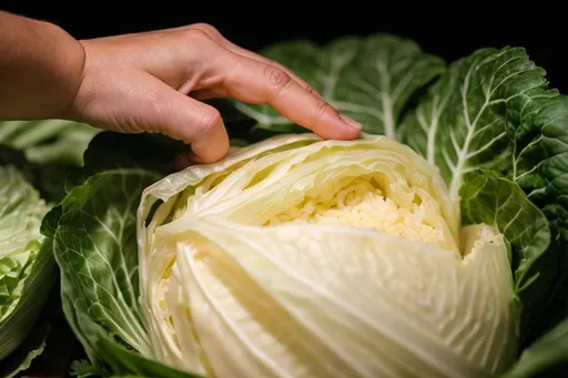 Prompt: Photo of a woman pushing a finger into her hot, slimy, willing, wanting cabbage 