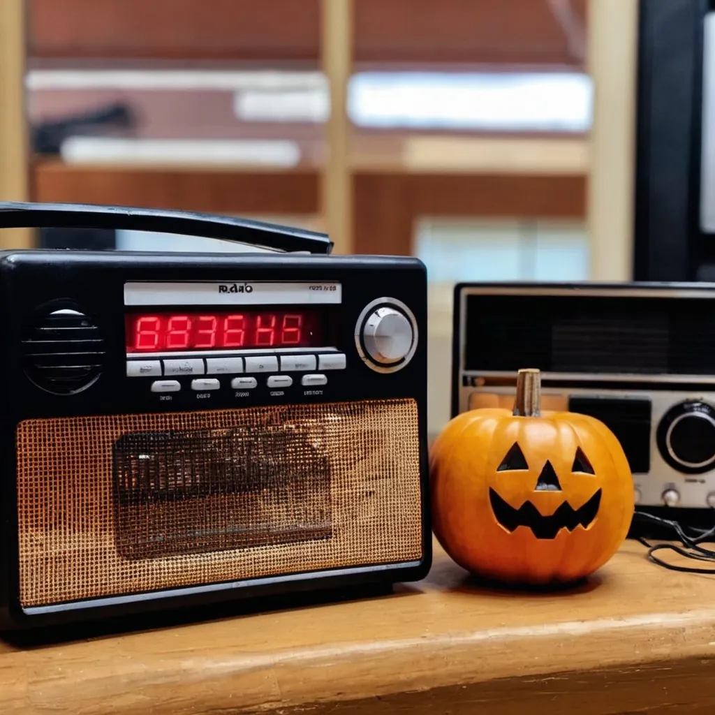 Prompt: Pumpkins from a great hight while the radio plays 
