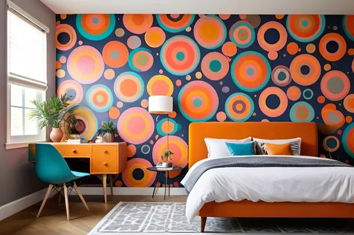 Prompt: Retro mid mod geo-psychedelic painted bedroom wall