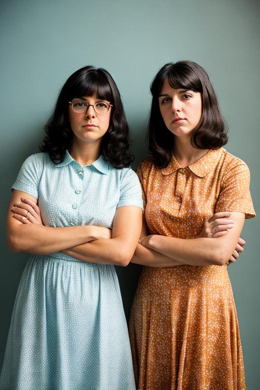 Prompt: Tina Belcher and Grace Slick in flower dresses, 1968, serious, important, dire, inspirational, propaganda, heroic, stoic, butch lesbian, cottagecore,  technicolor, modest, realism, Americana, Norman Rockwell, Tina is shorter than Grace