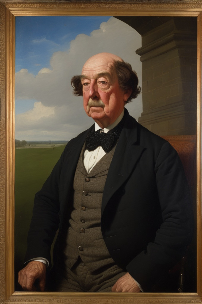 Prompt: Heroic portrait of the inventor of stupidity: The 12th Earl of Swynemud, Willard Bumpkin Clott, oil on canvas, 1860