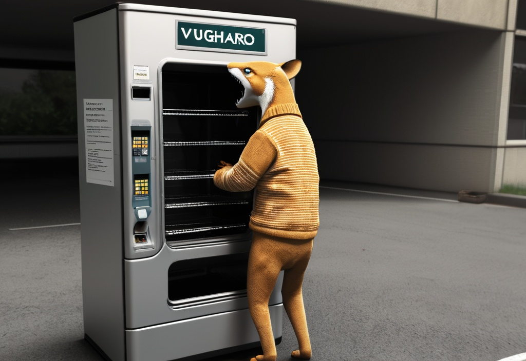 Prompt: Vughilmkaro in the Oven’s parking spot by the thylacine vending machines wearing a three-armed sweater 