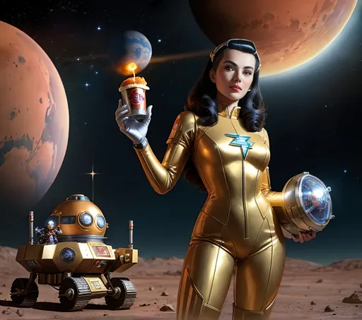 Prompt: Sveta Cuntgulper in a heroic pose, wearing a 1930's Flash Gordon spacesuit and holding a cheeseburger with her robot companion on the surface of Mars, in the style of Al Feldstein 1955, steampunk, retro, deco 