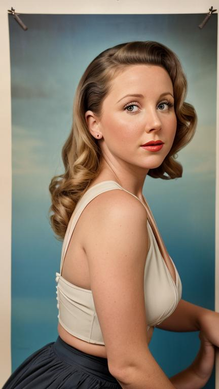 Prompt: Photorealistic pinup poster art of Beverley Mitchell in an American WWII pinup poster, 1942, serious, important, dire, inspirational, patriotic, propaganda, lesbian, “Buy War Bonds” WARTIME, “Why we fight”, modest, pretty, modern, minimalist, serious, mechanical, salty