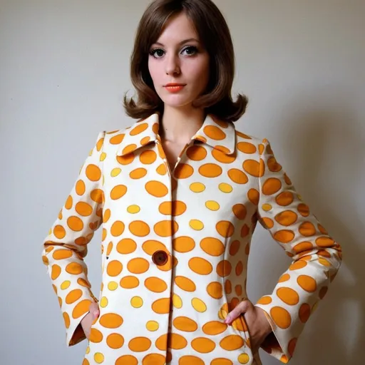 Prompt: Fancy fashionable 1968 mod jacket with fried eggs and bacon print 