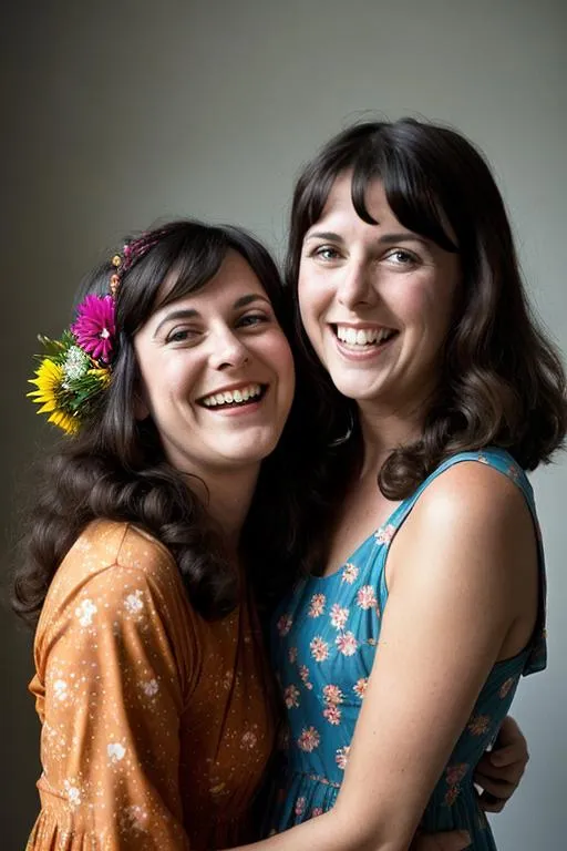 Prompt: Tina Belcher and Grace Slick in hippie flower dresses, 1968, laughing, important, dire, inspirational, fun, heroic, stoic, butch lesbian, cottagecore,  technicolor, modest, realism, Americana, Norman Rockwell, Tina is shorter than Grace