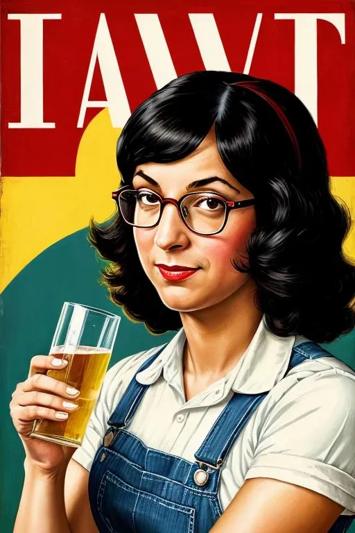 Prompt: Poster art of Tina Belcher in an American WPA poster holding a glass of cider, 1942, serious, important, dire, inspirational, propaganda, patriotic formal, butch lesbian, “WE CAN WIN THE WAR AGAINST LED HEADLIGHTS”,  technicolor, modest, pretty, realism, Norman Rockwell, overalls, 