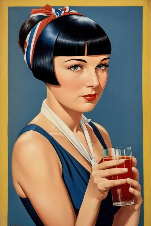 Prompt: Poster art of Louise Brooks in an American WWII WPA poster with her hair in a bandanna holding a glass of cider, 1942, serious, important, dire, inspirational, patriotic, propaganda, lesbian, “Join the Civilian Cider Corps”  bow tie, bright colors technicolor, WARTIME, modest, pretty, 