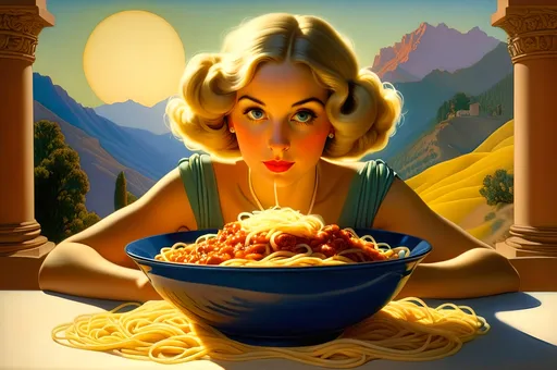 Prompt: Helen Gint enjoying a bowl of spaghetti, Maxfield Parrish, 1934