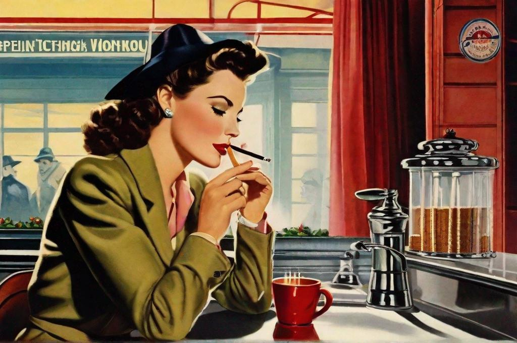 Prompt: At the diner counter at midnight, December 1942, a forlorn woman smokes a cigarette, and drinks a mug of black coffee, thinking of fellatio gone very wrong 