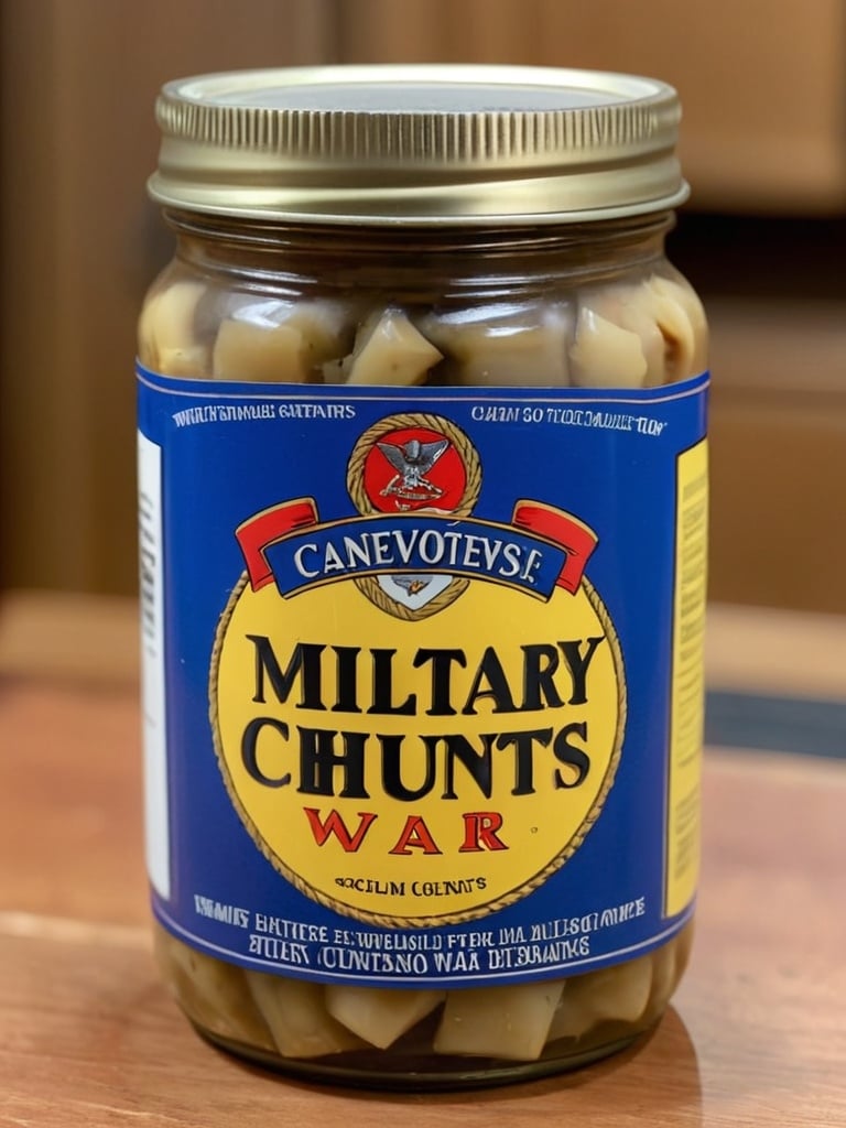 Prompt: An 8 oz. jar of military grade chunts leftover from World War One 