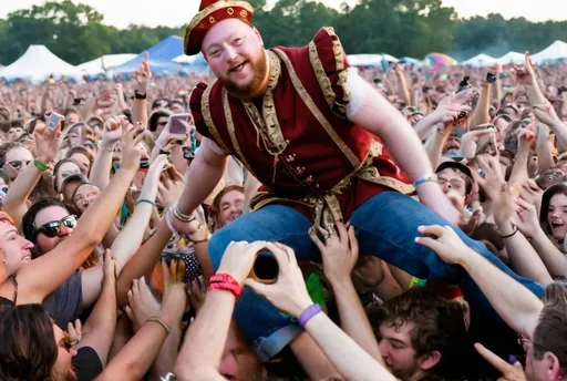 Prompt: King Henry VIII crowd surfing at Bonnaroo