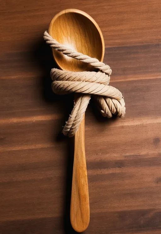 Prompt: Wooden rope tied to a spoon