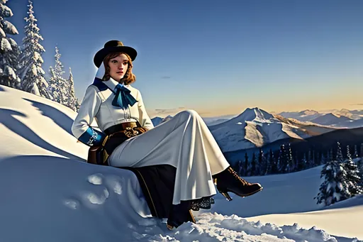 Prompt: Eleanor Plont on her snow day, in the style of Maxfield Parrish 