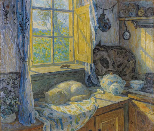 Prompt: Le Chat Endormi (The Sleeping Cat), painted by Vincent Van Gogh, 1886, Oil on canvas, Arles, Belgium, A country kitchen, early morning, window open, a cat sleeps in a corner 