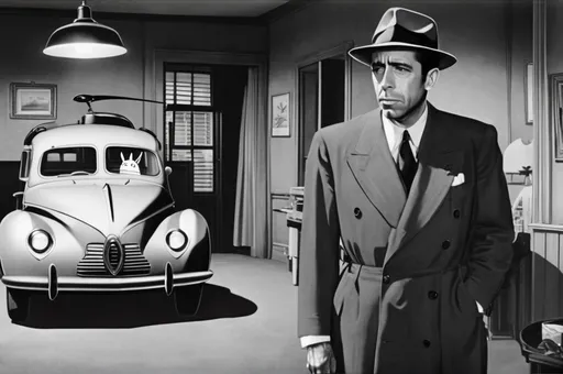 Prompt: 1940s noir with Humphrey Bogart and Totoro as seedy private eyes 