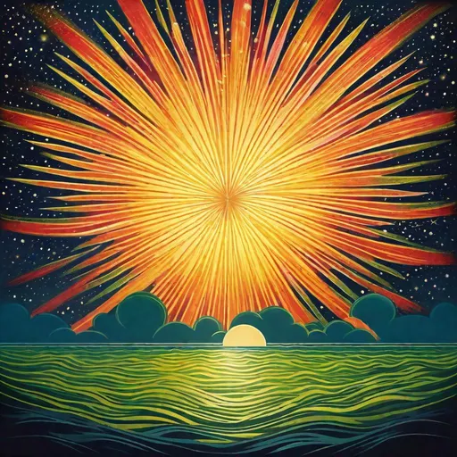 Prompt: THE GREATEST album cover, classic, famous, iconic, genre-defining, indie, alternative, brilliant, simple, minimalist, MODERN MASTERPIECE, 1938, starbursts in the sea, a zucchini emerging morphs into dazzling fireworks, behance hd, 