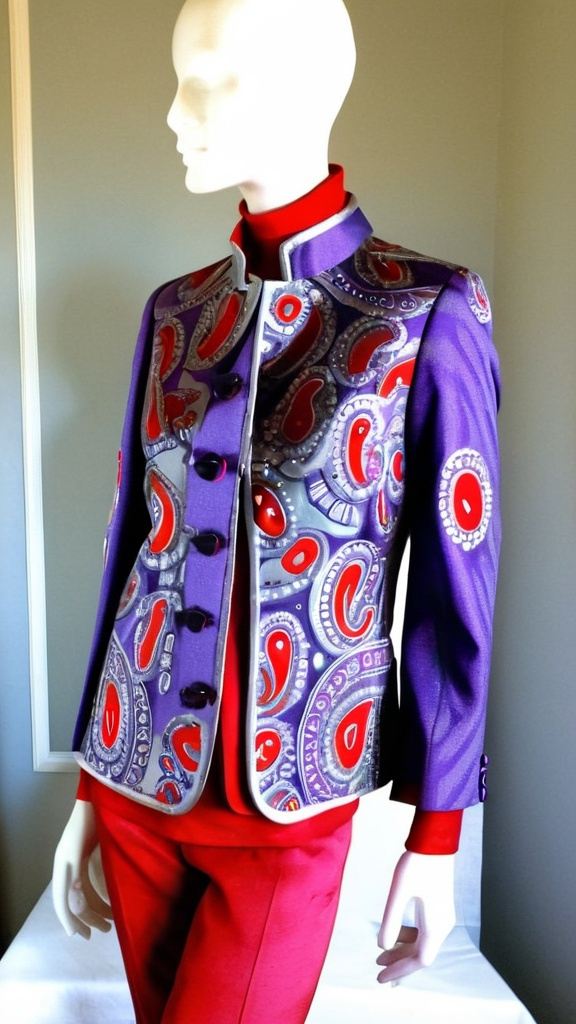 Prompt: Fancy fashionable 1968 purple, red, and silver paisley mod jacket