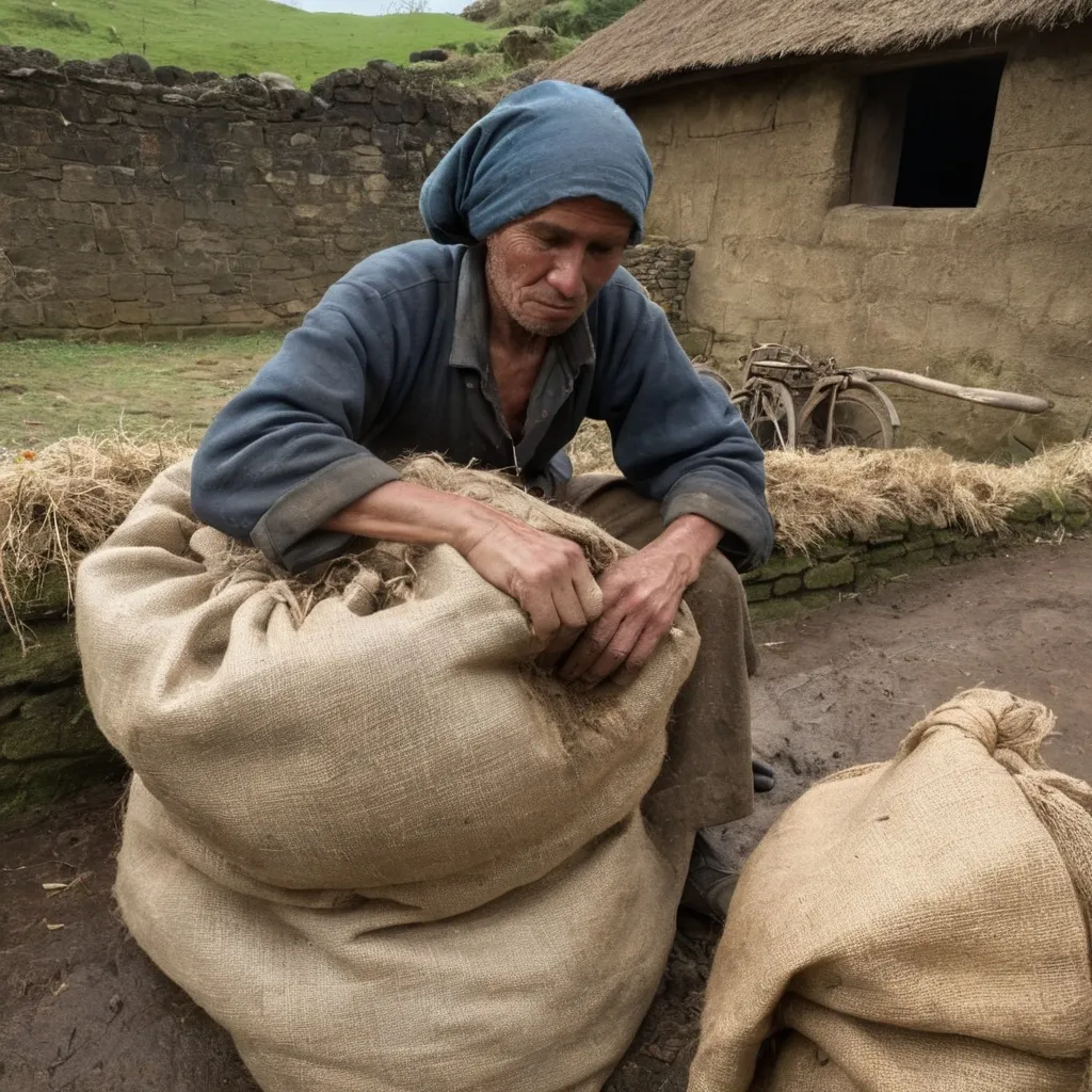 Prompt: The grinding wheel rattles and groans, below, the residue of a year of sun, rain, and toil collects in a Hessian sack, the fuel of sustenance 