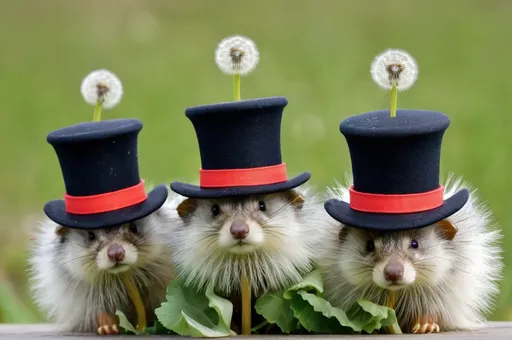 Prompt: clams and dandelions in top hats 