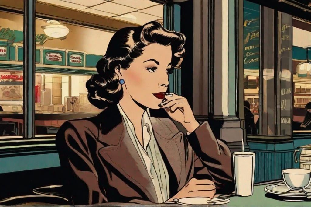 Prompt: At the diner counter at midnight, December 1942, a forlorn woman smokes a cigarette, and drinks a mug of black coffee, thinking of fellatio gone very wrong 