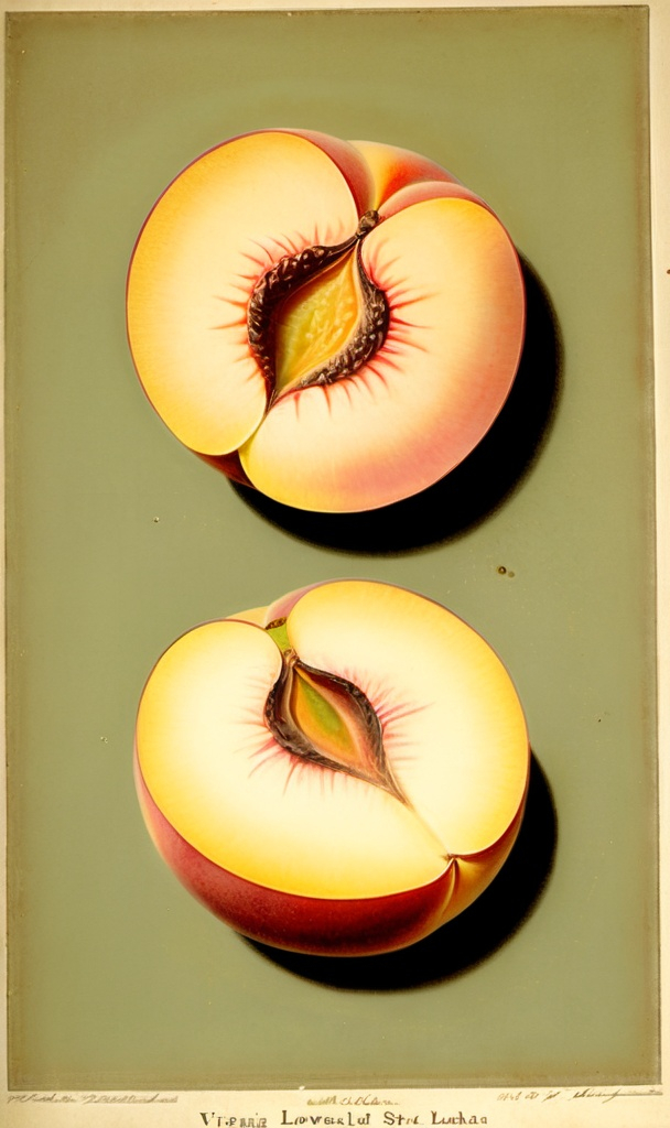 Prompt: Virginia lowland star peach, biology textbook painting by Amanda Almira Newton, 1911, from the 1913 folio “The Peaches of America,” a small translucent green and yellow peach, ovoid, with pentagonal symmetry,