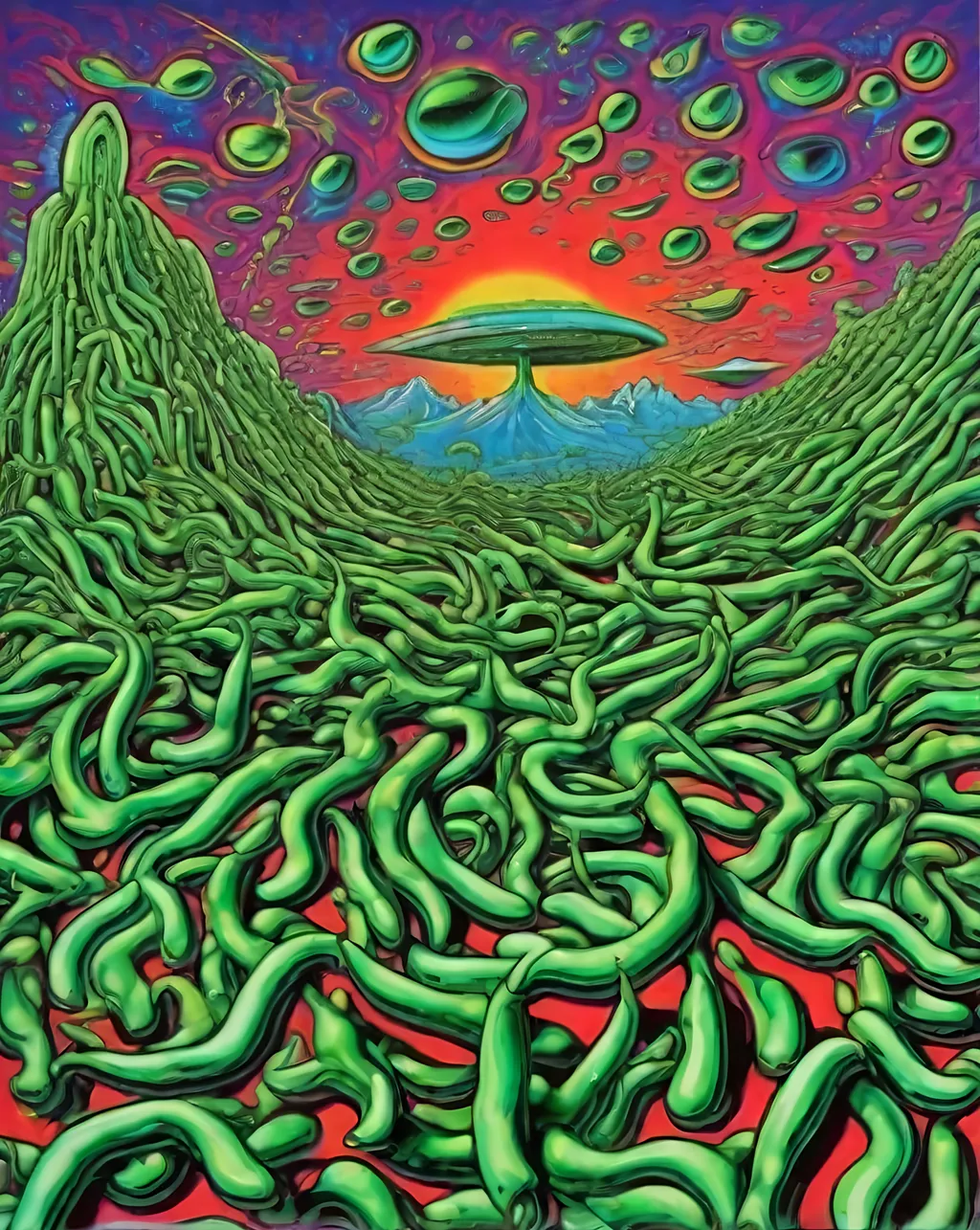 Prompt: psychedelic print, green bean, melting, concert poster, 1990s magic eye painting