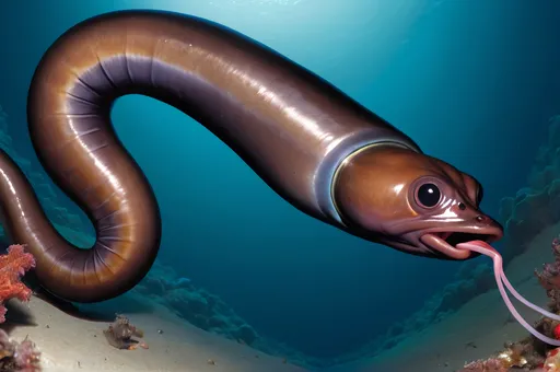 Prompt: Textbook illustration of a deep sea Pacific cumgulper eel