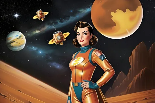 Prompt: Sveta Cuntgulper in a heroic pose, wearing a 1930's Flash Gordon spacesuit and holding a cheeseburger with her robot companion on the surface of Mars, in the style of Al Feldstein 1955, steampunk, retro, deco 