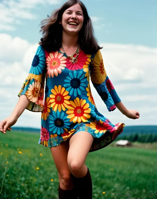 Prompt: Jane Lane in a hippie flower dress, 1968, laughing, inspirational, fun, butch lesbian, cottagecore,  technicolor, Americana, mod fashion, nature 