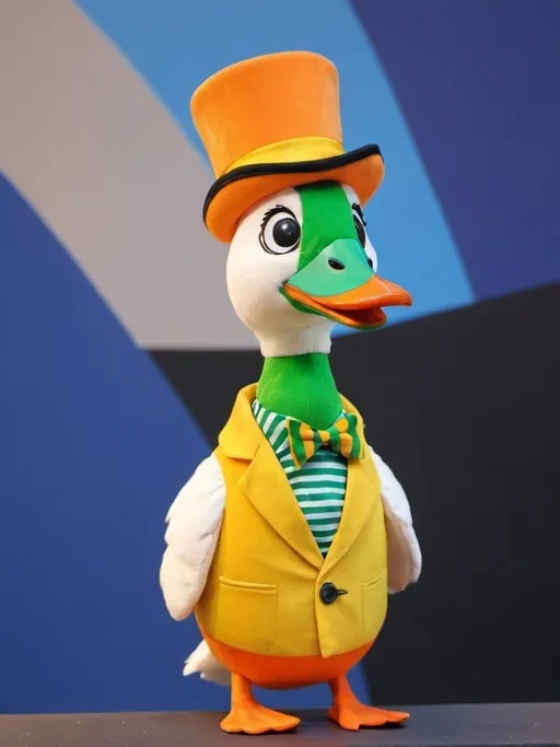 Prompt: Goosio, friend to Maltese children everywhere, colorful pantomime goose, green bill, orange top hat, yellow suit, striped tie 