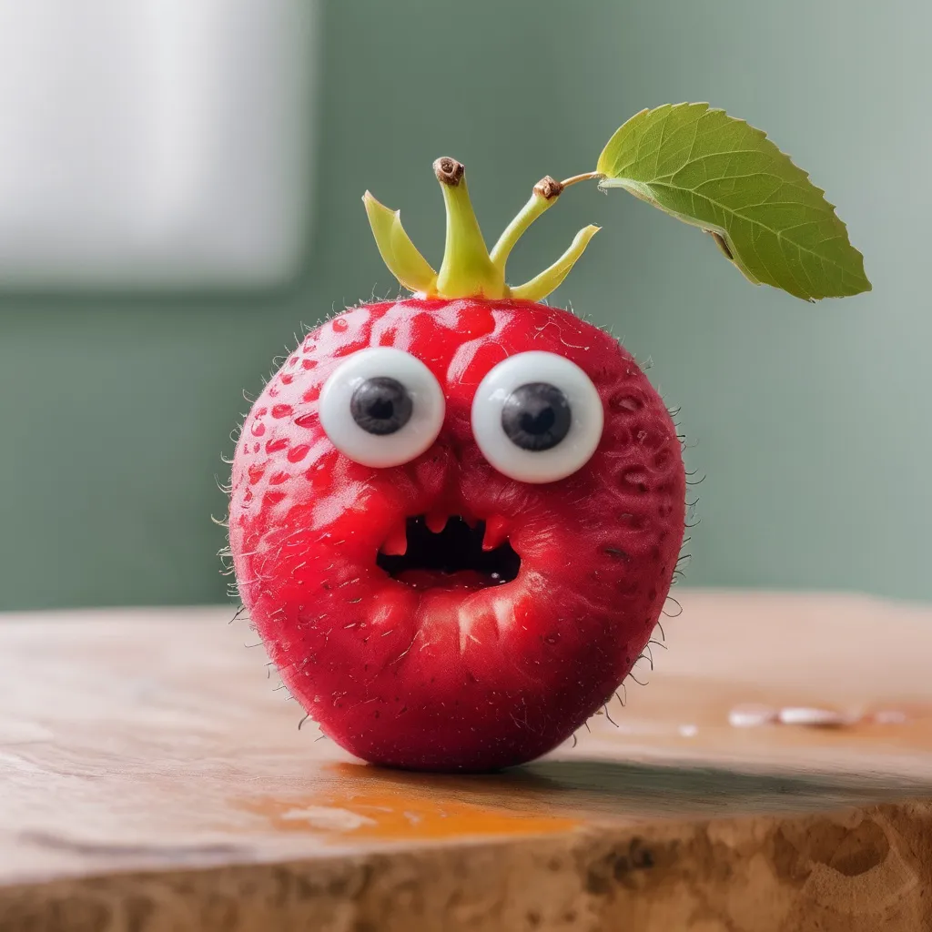 Prompt: Red fruit with googly eyes 