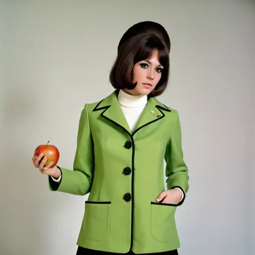Prompt: Fancy fashionable 1968 mod jacket with an apple cut in half, green, white, small black seeds 
