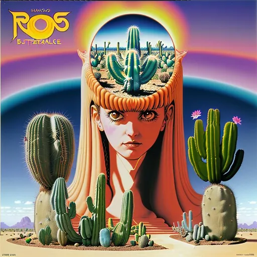 Prompt: 1993 classic album cover of the Françoise Cactus Stereo Total album “buttercunt halo” by Hypgnosis and Roger Dean