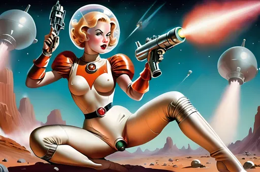 Prompt: Sveta Cuntgulper in a heroic pose, wearing a 1930's Flash Gordon spacesuit and firing a ray gun at a robot on the surface of Mars in the style of Al Feldstein 1955, unexpected cameltoe, steampunk, retro, deco 