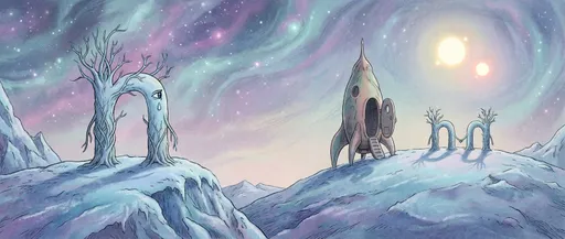 Prompt: a cold and far-off place
There was a lower-case n.
Lonely and cold, she would stare off into space
And it was known that she would cry now and then.

Lower-case n, standing on a hill.
The wind is very still, for the lower-case n.

And then one day a rocket ship
Came racing from the sky.
It landed on the hill and there opened up a door
And somethin' started comin' outside—
A lower-case n!
(She's not lonely anymore)

They are standing on the hill
(There are two that stand for sure)
The wind is very still
For the lower-case ns!

In the style of Fantastic Planet 