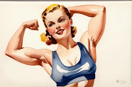 Prompt: Girl flexing her muscles, watercolor in the style of Bellig Flot, 1934