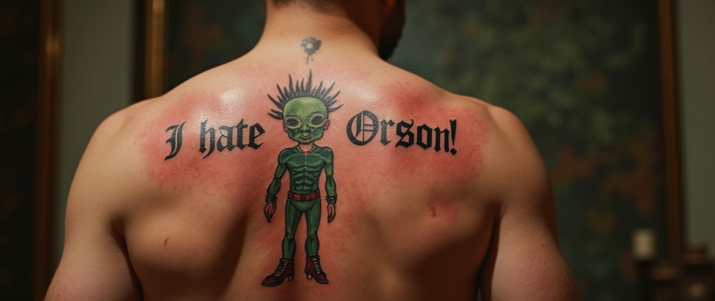Prompt: Le tatouage dans le dos de Mork d'Ork qui dit Je déteste Orson !