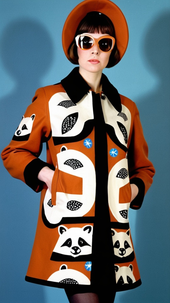 Prompt: Fancy fashionable 1968 mod jacket with a design depicting opossums, raccoons, and trash cans 